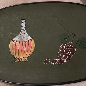 Vintage Oval Serving Tray with Bottle and Grapes Design